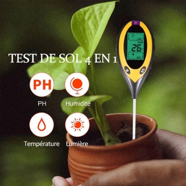 Testeur de sol pour plantes 4 en 1 : mesure le pH, l’humidité, la température et l’intensité lumineuse