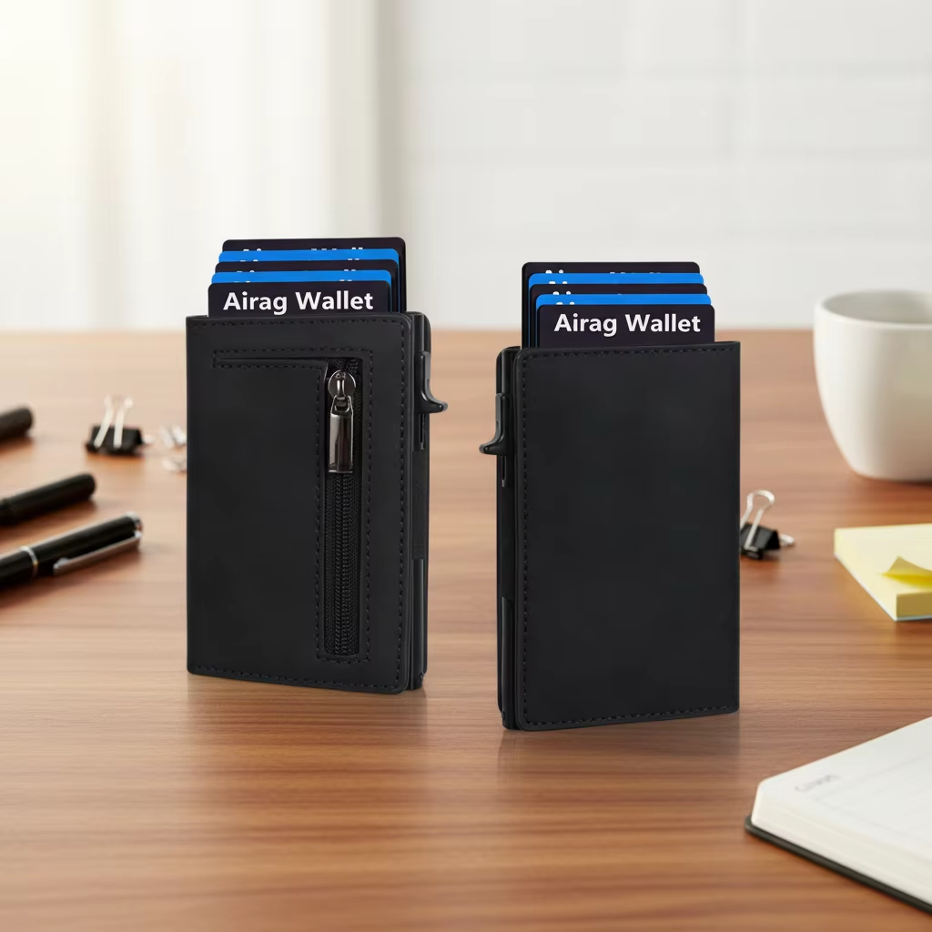 Portefeuille pour homme de luxe avec blocage RFID, en aluminium et cuir, porte-cartes intelligent.