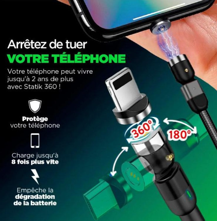 Cable de recharge magnétique 360 statik